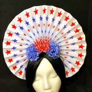 4th of July White Paper Medallion/Fan Crown with Red and Blue flowers Headband